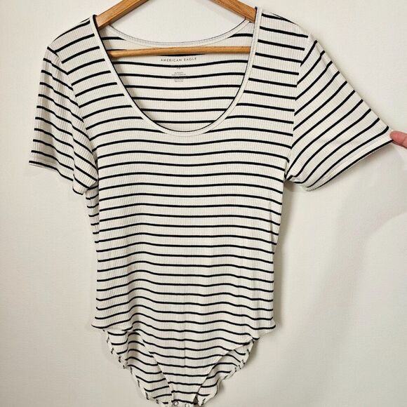 EUC AMERICAN EAGLE OUTFITTERS SCOOP NECK RIBBED STRIPED BODYSUIT SIZE LARGE - Picture 1 of 12